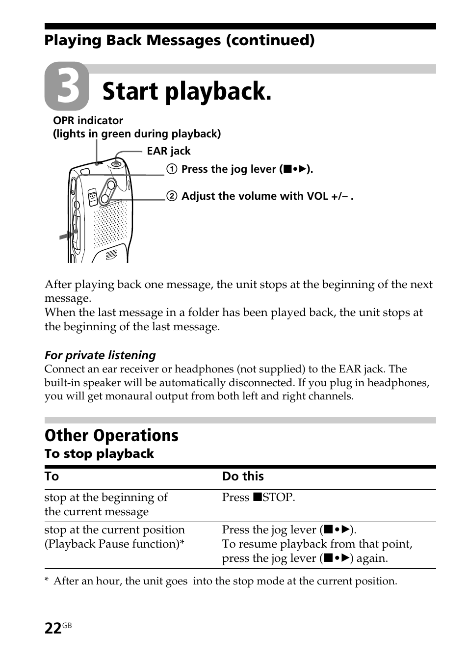 Other operations, Start playback | Sony ICD-BP User Manual | Page 22 / 96