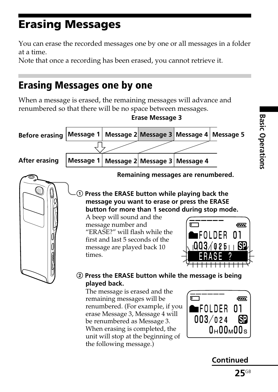 Erasing messages, Erasing messages one by one | Sony ICD-BP User Manual | Page 25 / 96