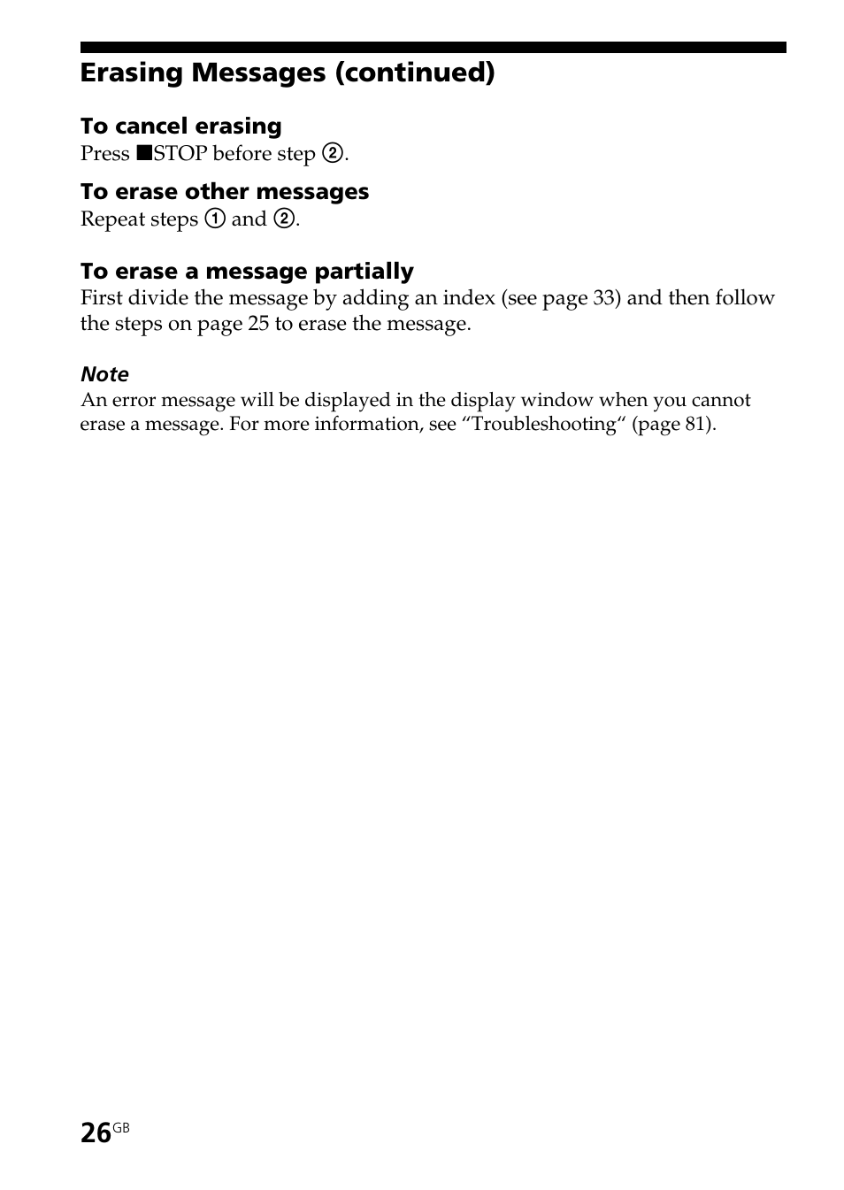 Erasing messages (continued) | Sony ICD-BP User Manual | Page 26 / 96