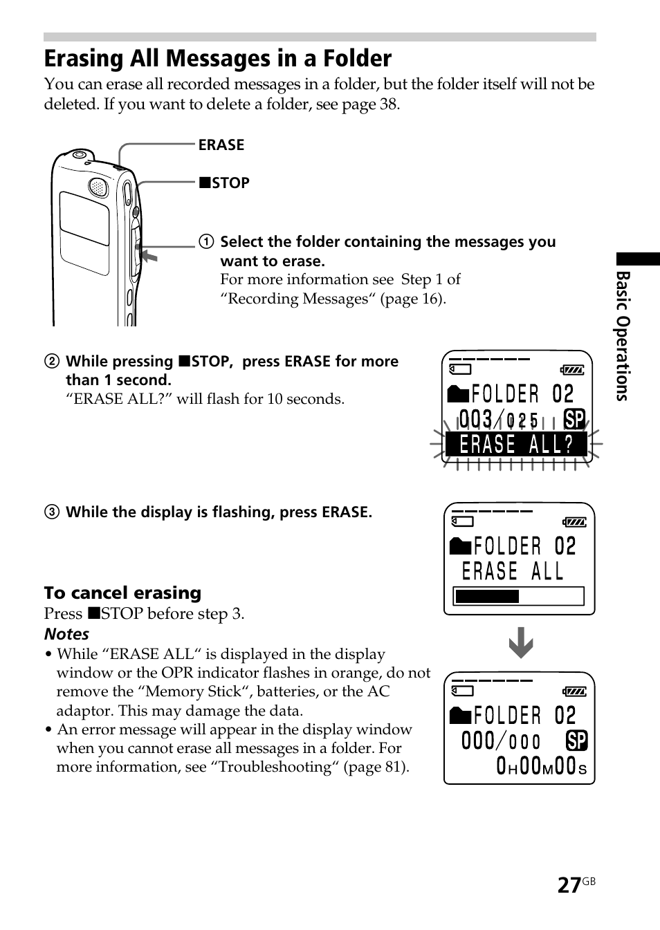 Erasing all messages in a folder | Sony ICD-BP User Manual | Page 27 / 96