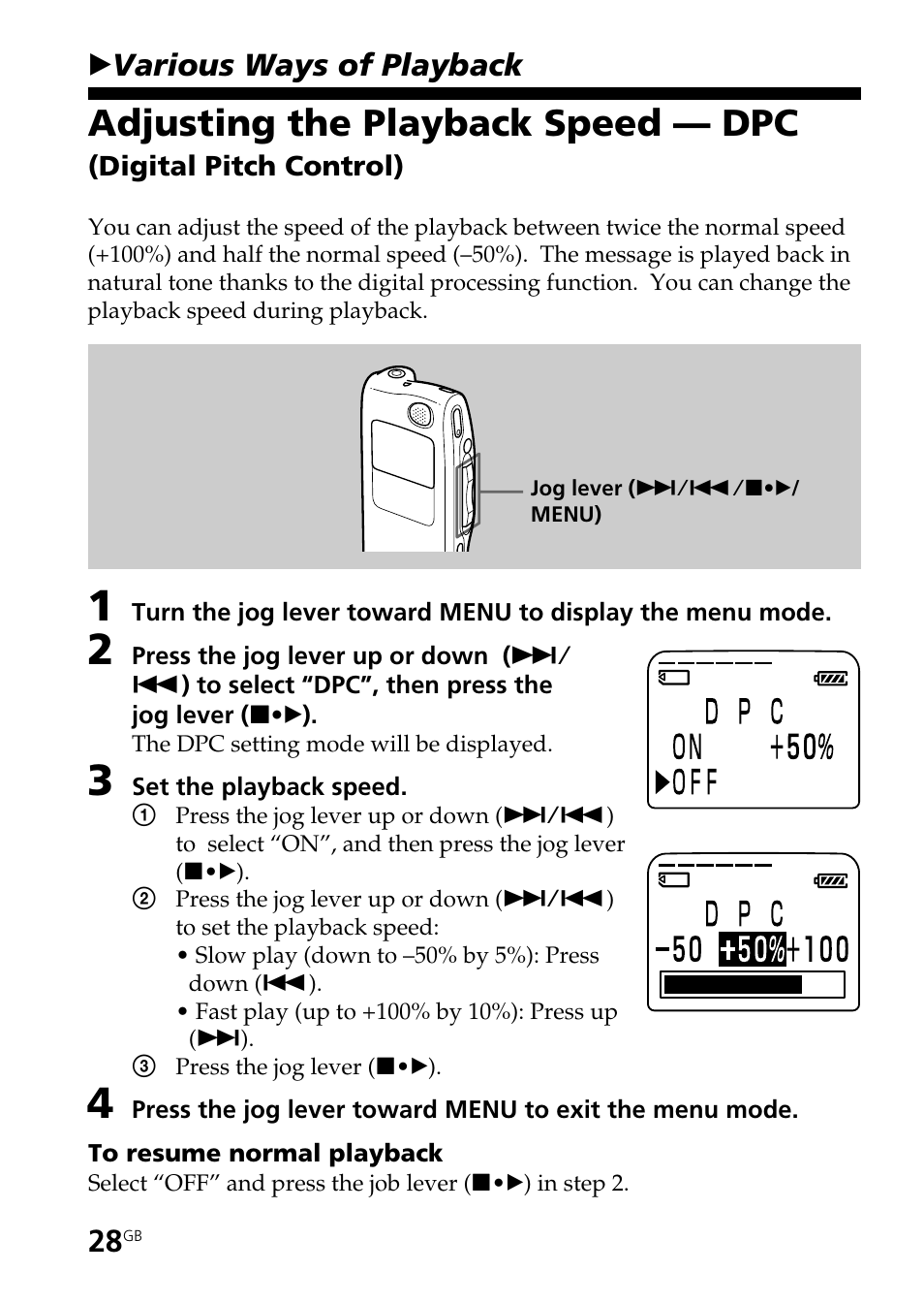 Various ways of playback, Adjusting the playback speed — dpc, Bvarious ways of playback | Sony ICD-BP User Manual | Page 28 / 96