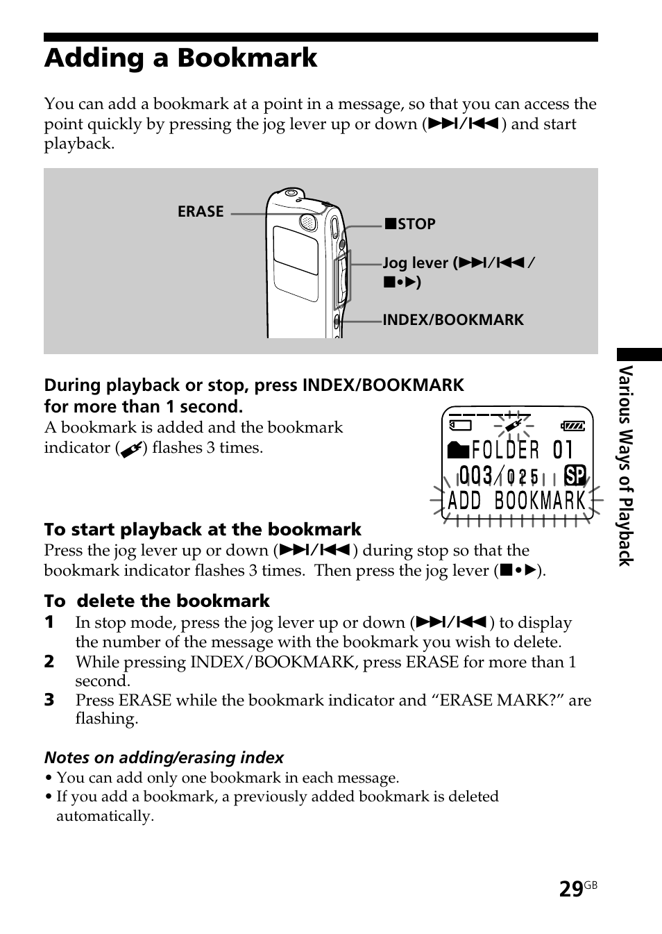 Adding a bookmark | Sony ICD-BP User Manual | Page 29 / 96