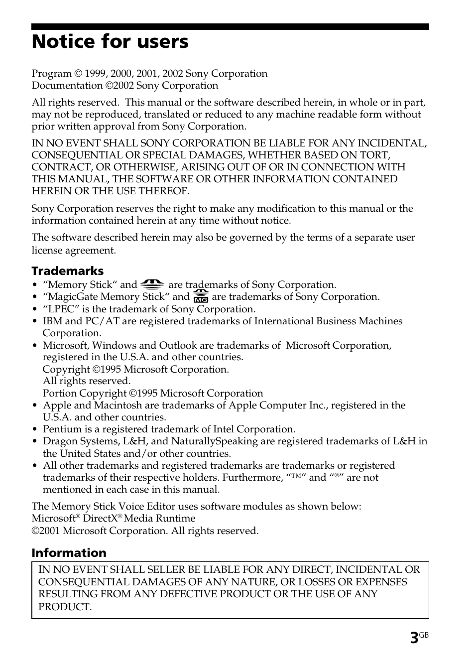 Notice for users | Sony ICD-BP User Manual | Page 3 / 96