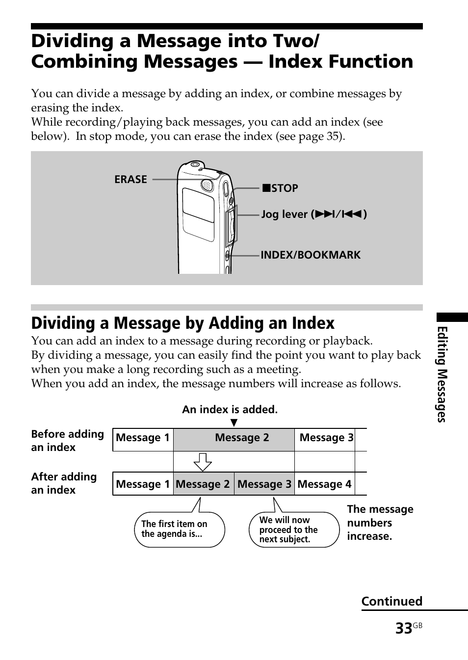 Dividing a message by adding an index | Sony ICD-BP User Manual | Page 33 / 96