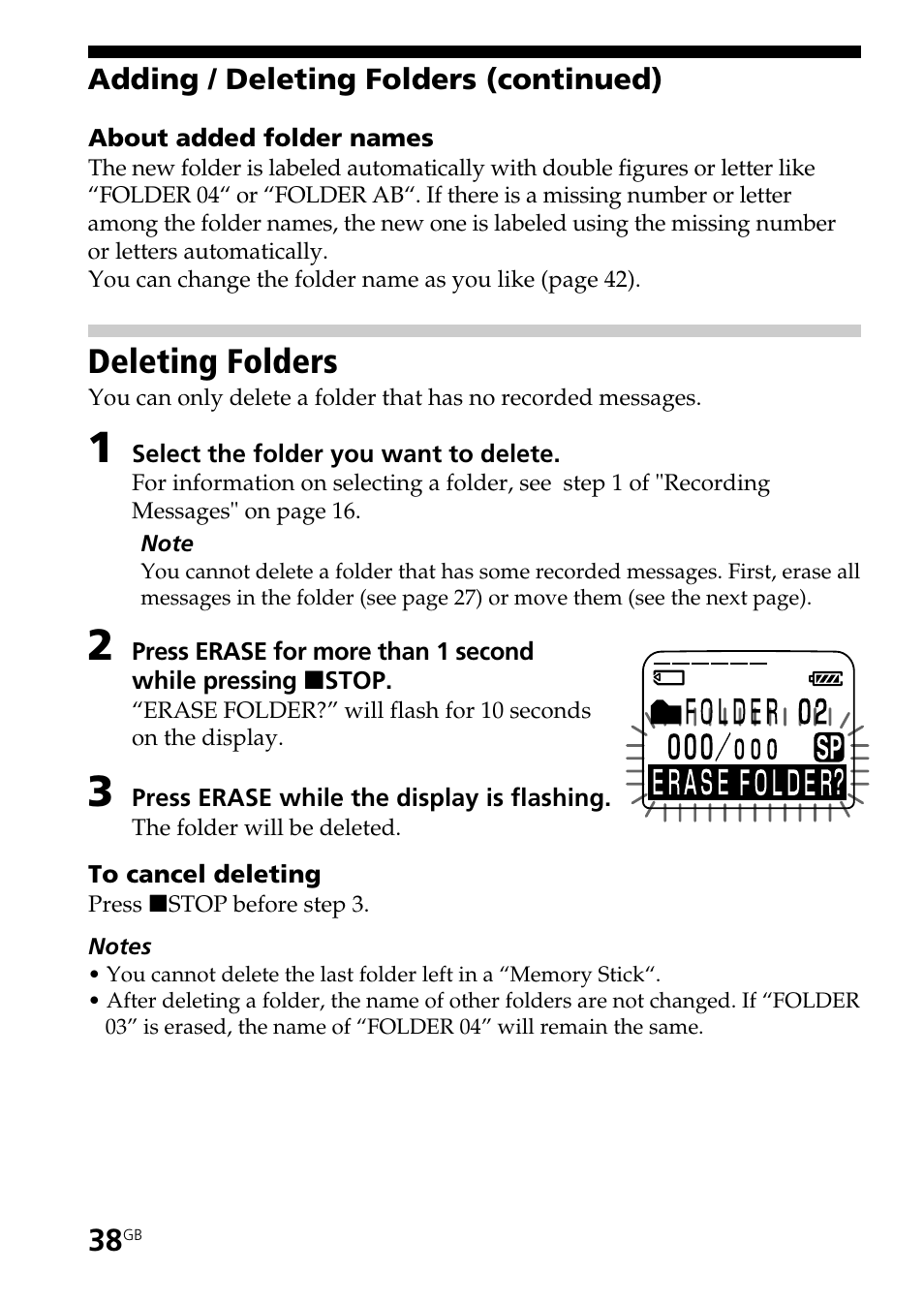 Deleting folders | Sony ICD-BP User Manual | Page 38 / 96