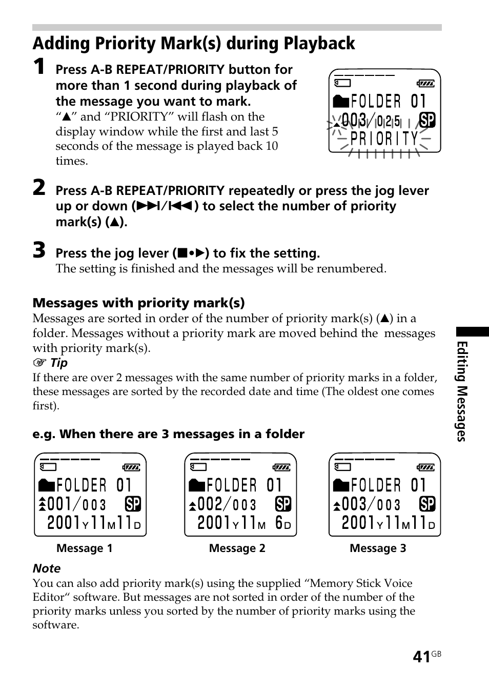 Adding priority mark(s) during playback | Sony ICD-BP User Manual | Page 41 / 96