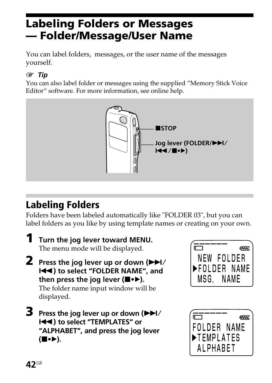 Labeling folders | Sony ICD-BP User Manual | Page 42 / 96