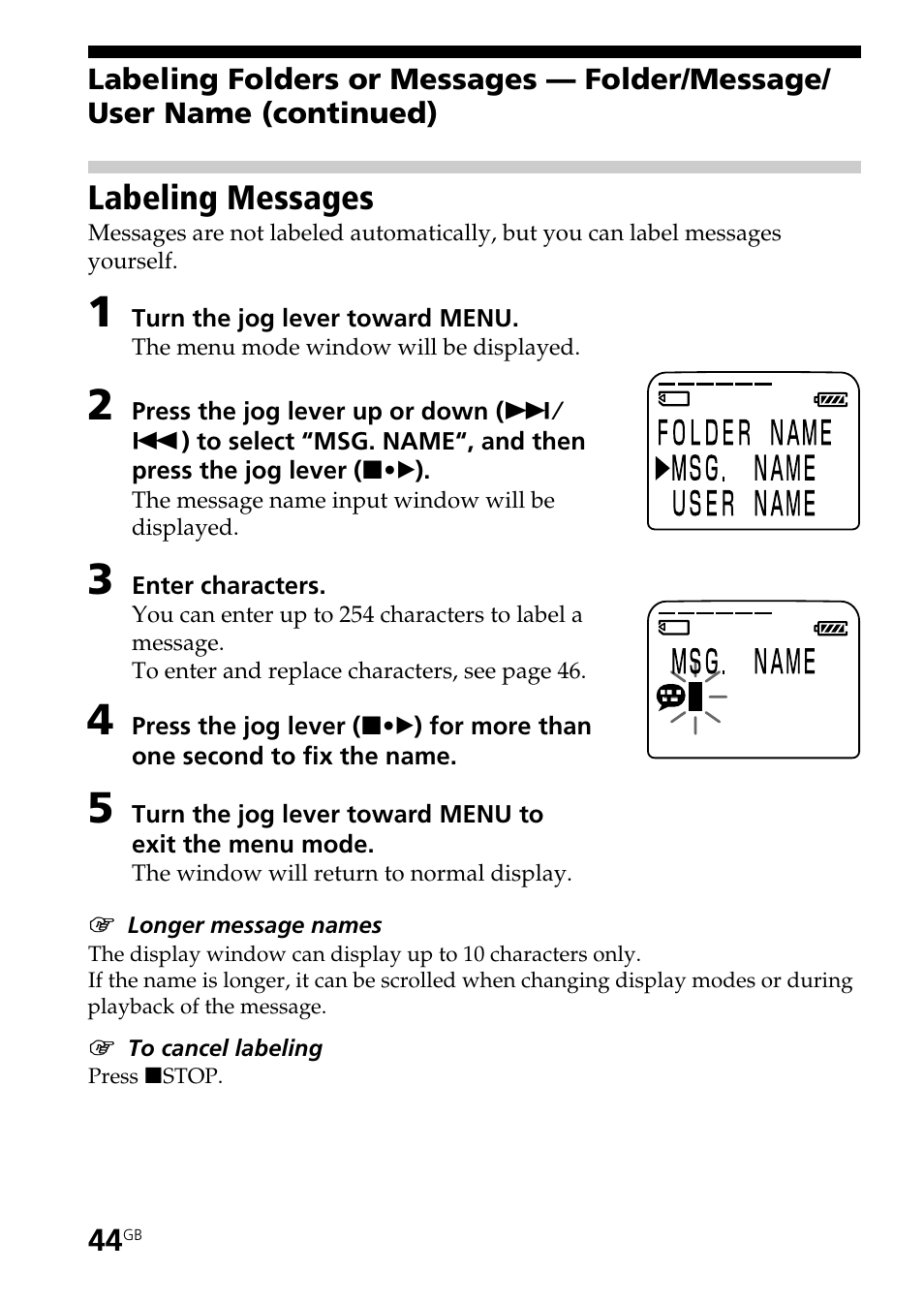 Labeling messages | Sony ICD-BP User Manual | Page 44 / 96