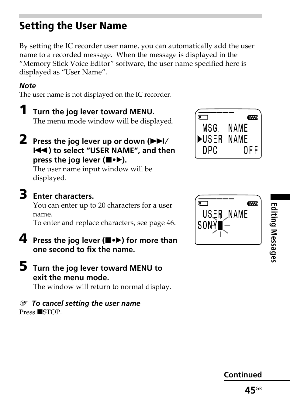 Setting the user name | Sony ICD-BP User Manual | Page 45 / 96