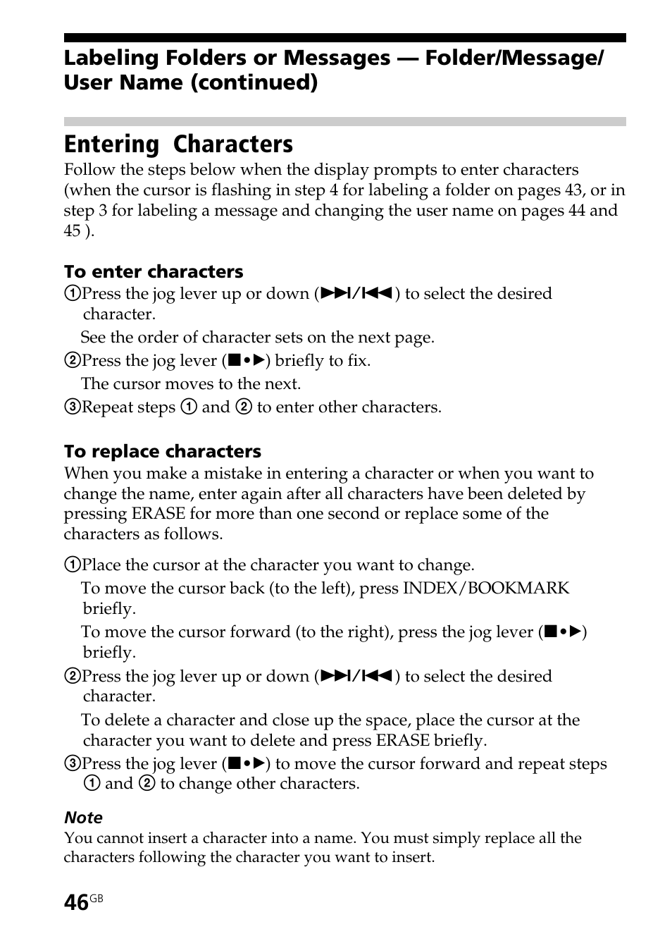 Entering characters | Sony ICD-BP User Manual | Page 46 / 96