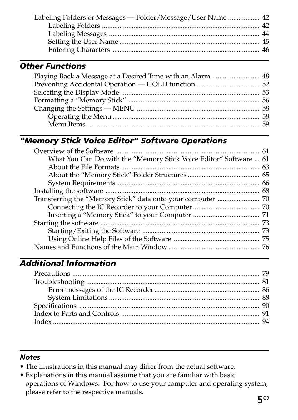 Sony ICD-BP User Manual | Page 5 / 96