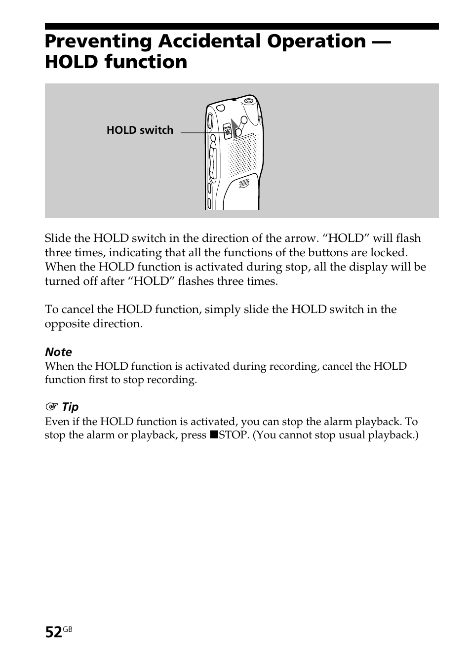 Preventing accidental operation — hold function | Sony ICD-BP User Manual | Page 52 / 96
