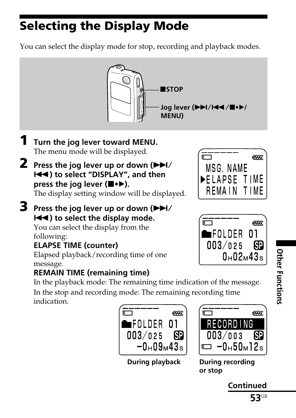 Selecting the display mode | Sony ICD-BP User Manual | Page 53 / 96