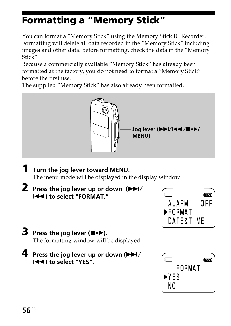 Formatting a “memory stick | Sony ICD-BP User Manual | Page 56 / 96