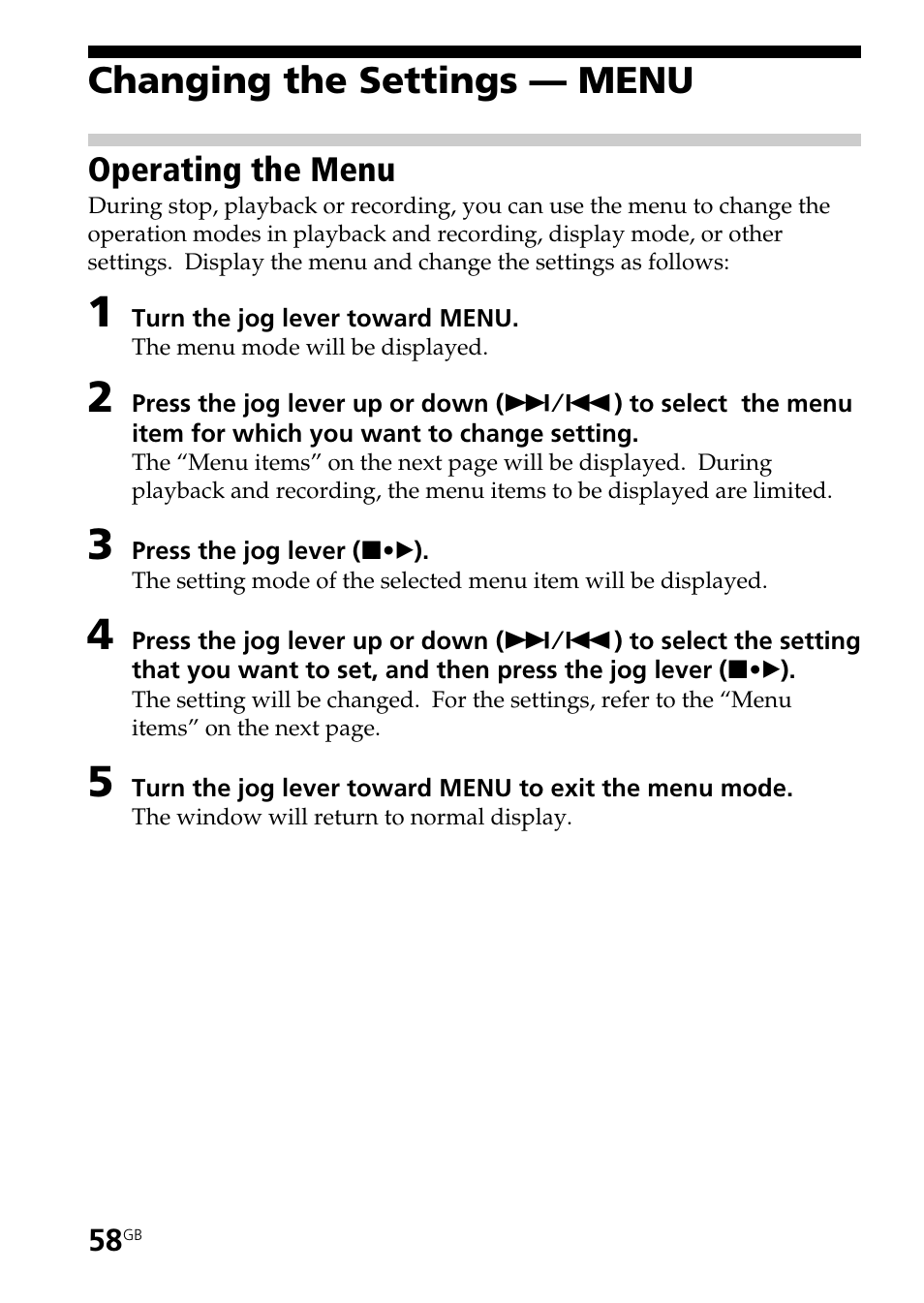 Changing the settings — menu, Operating the menu | Sony ICD-BP User Manual | Page 58 / 96