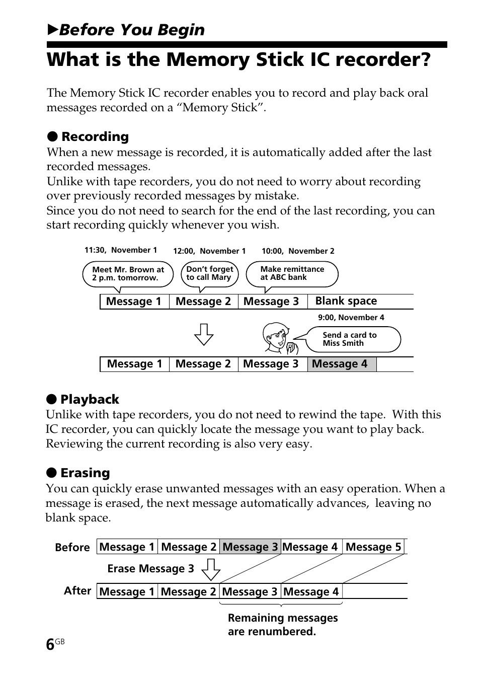 Before you begin, What is the memory stick ic recorder, Bbefore you begin | Sony ICD-BP User Manual | Page 6 / 96