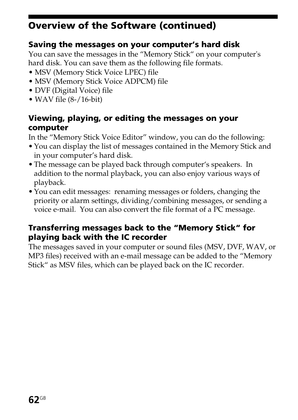 Overview of the software (continued) | Sony ICD-BP User Manual | Page 62 / 96