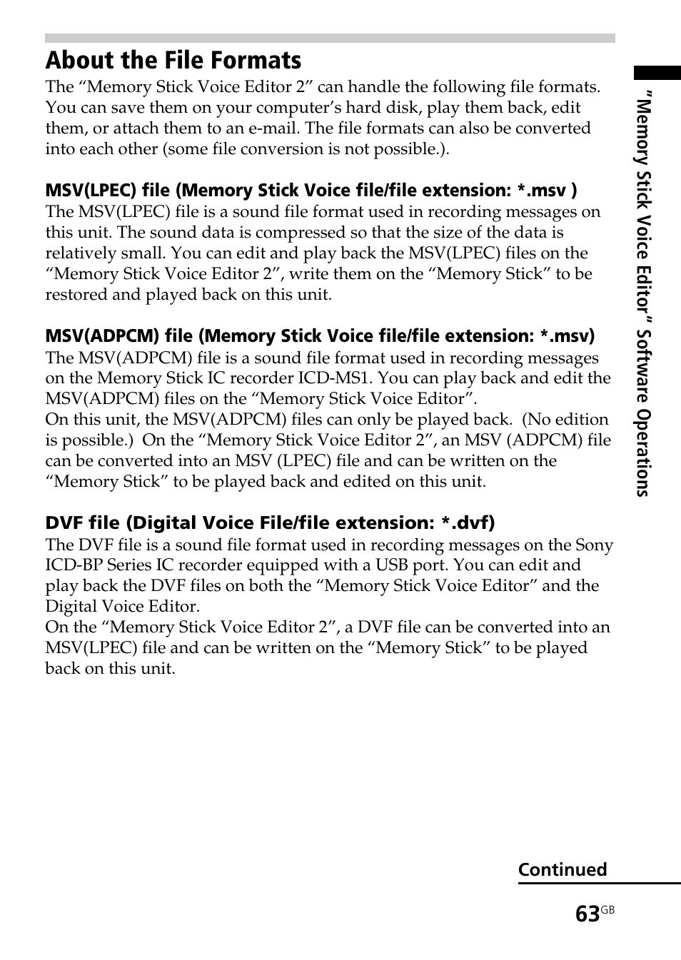 About the file formats | Sony ICD-BP User Manual | Page 63 / 96