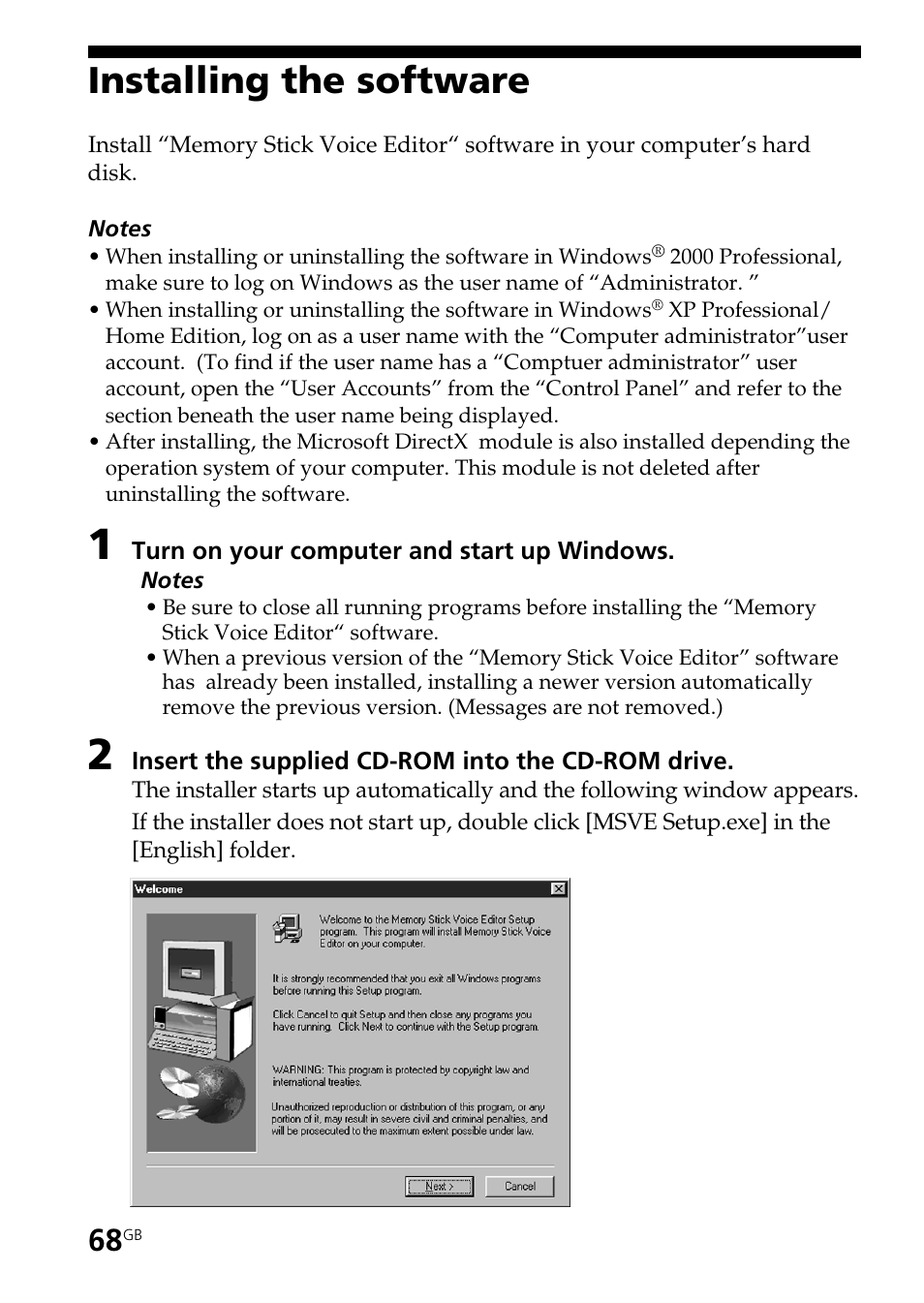 Installing the software | Sony ICD-BP User Manual | Page 68 / 96