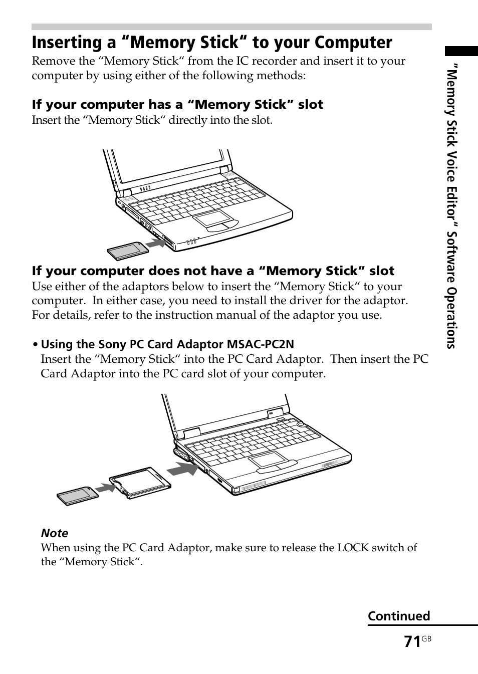 Inserting a “memory stick“ to your computer | Sony ICD-BP User Manual | Page 71 / 96