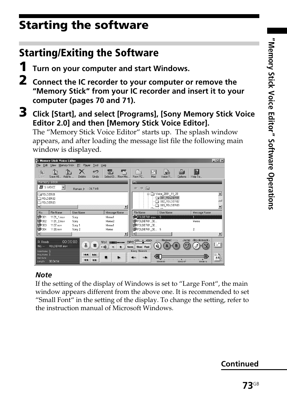 Starting the software, Starting/exiting the software | Sony ICD-BP User Manual | Page 73 / 96