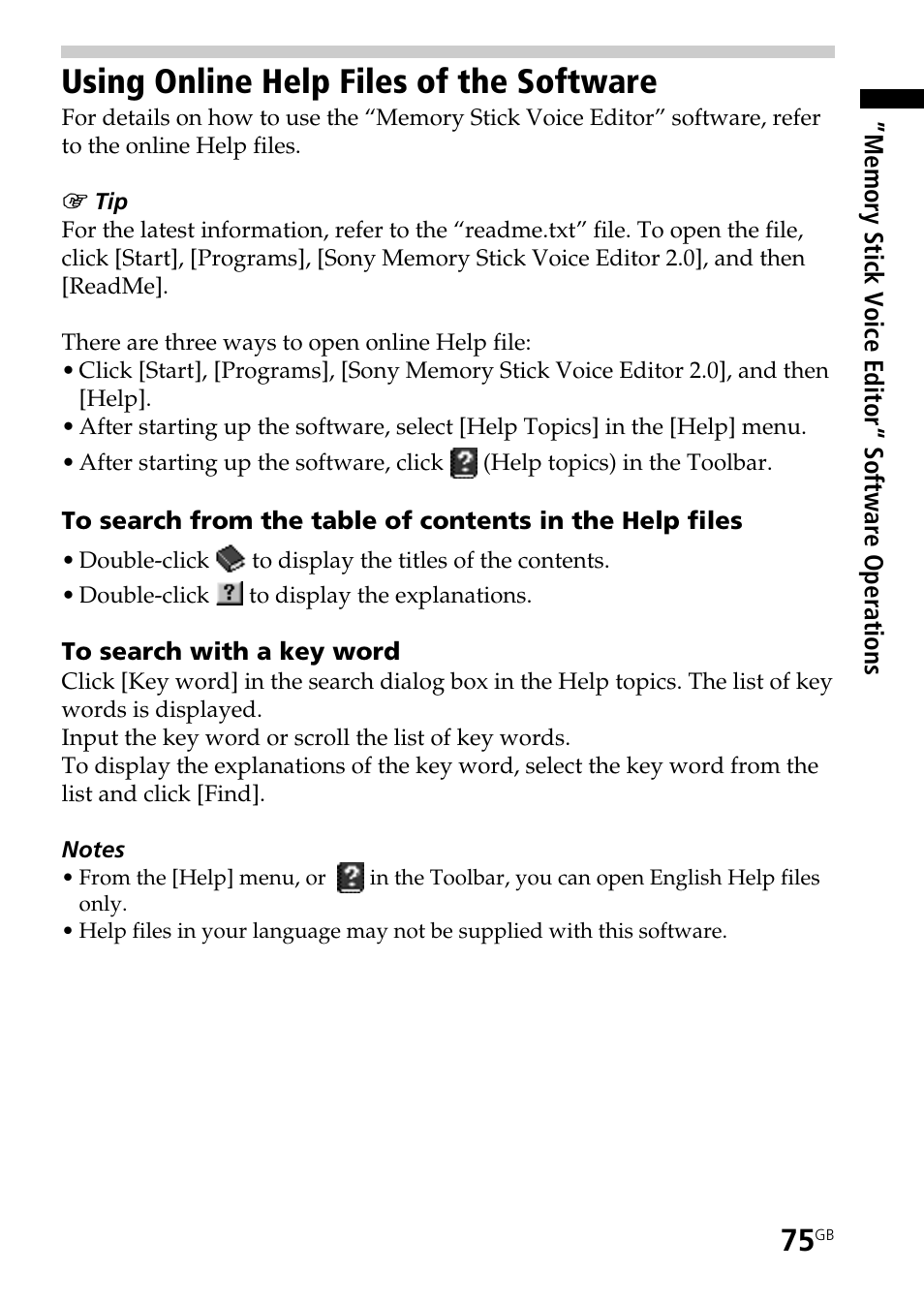 Using online help files of the software | Sony ICD-BP User Manual | Page 75 / 96