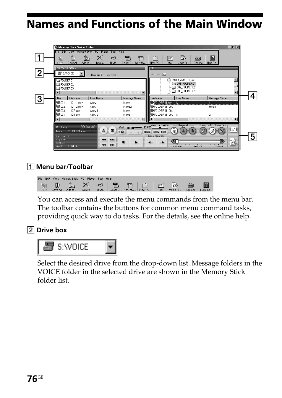 Names and functions of the main window | Sony ICD-BP User Manual | Page 76 / 96