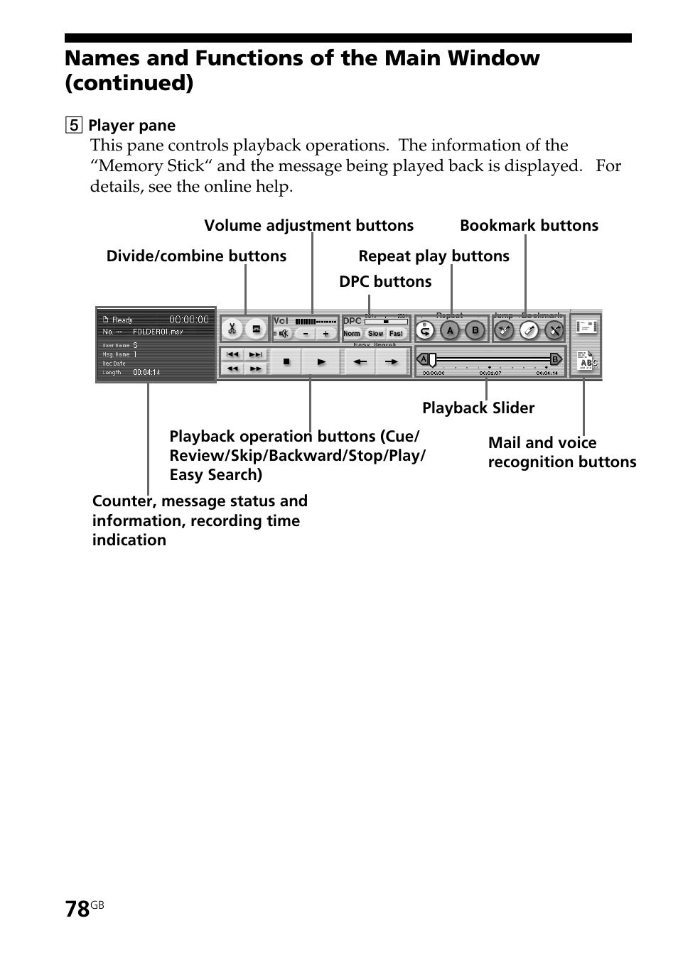 Names and functions of the main window (continued) | Sony ICD-BP User Manual | Page 78 / 96