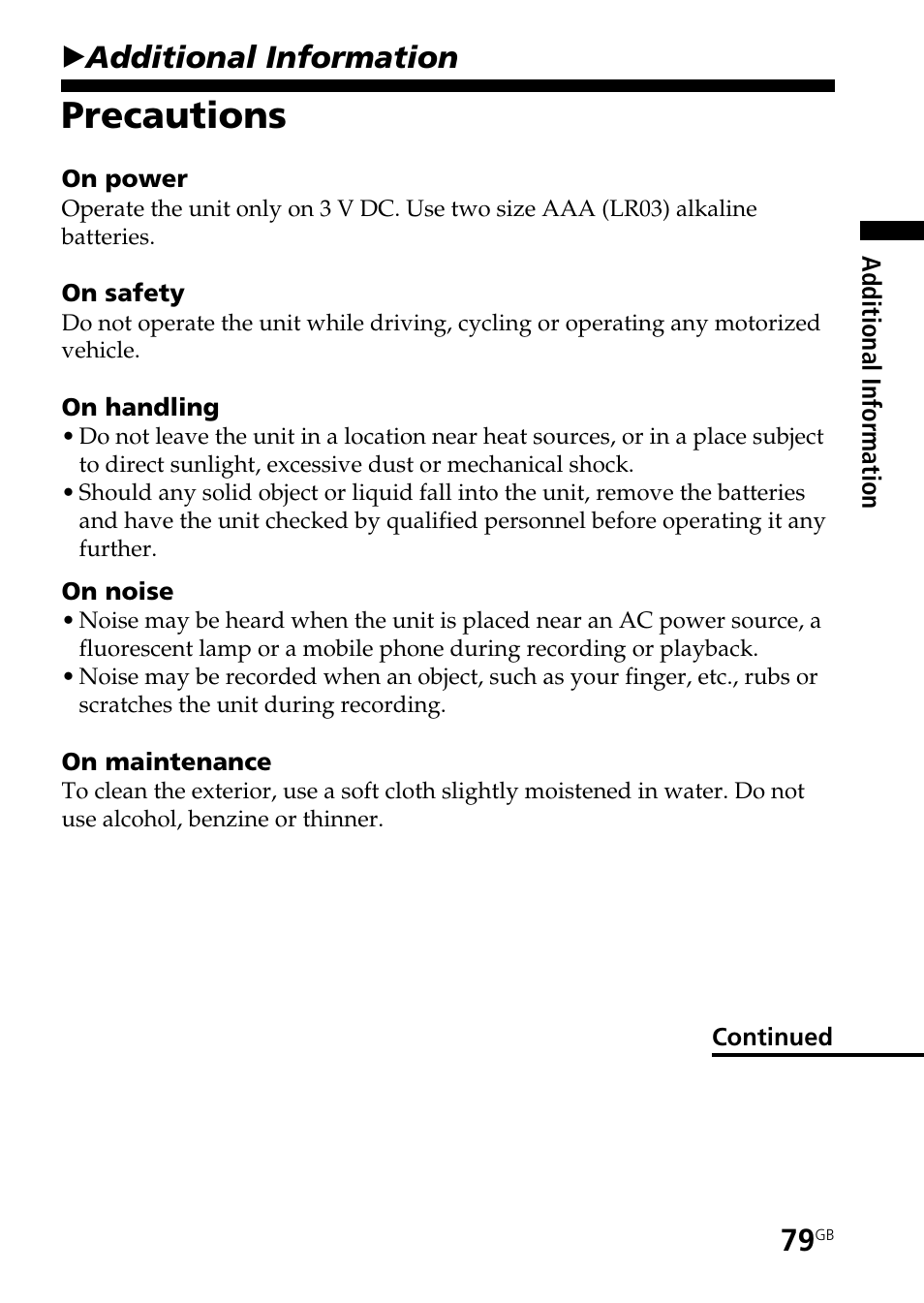 Additional information, Precautions, Badditional information | Sony ICD-BP User Manual | Page 79 / 96