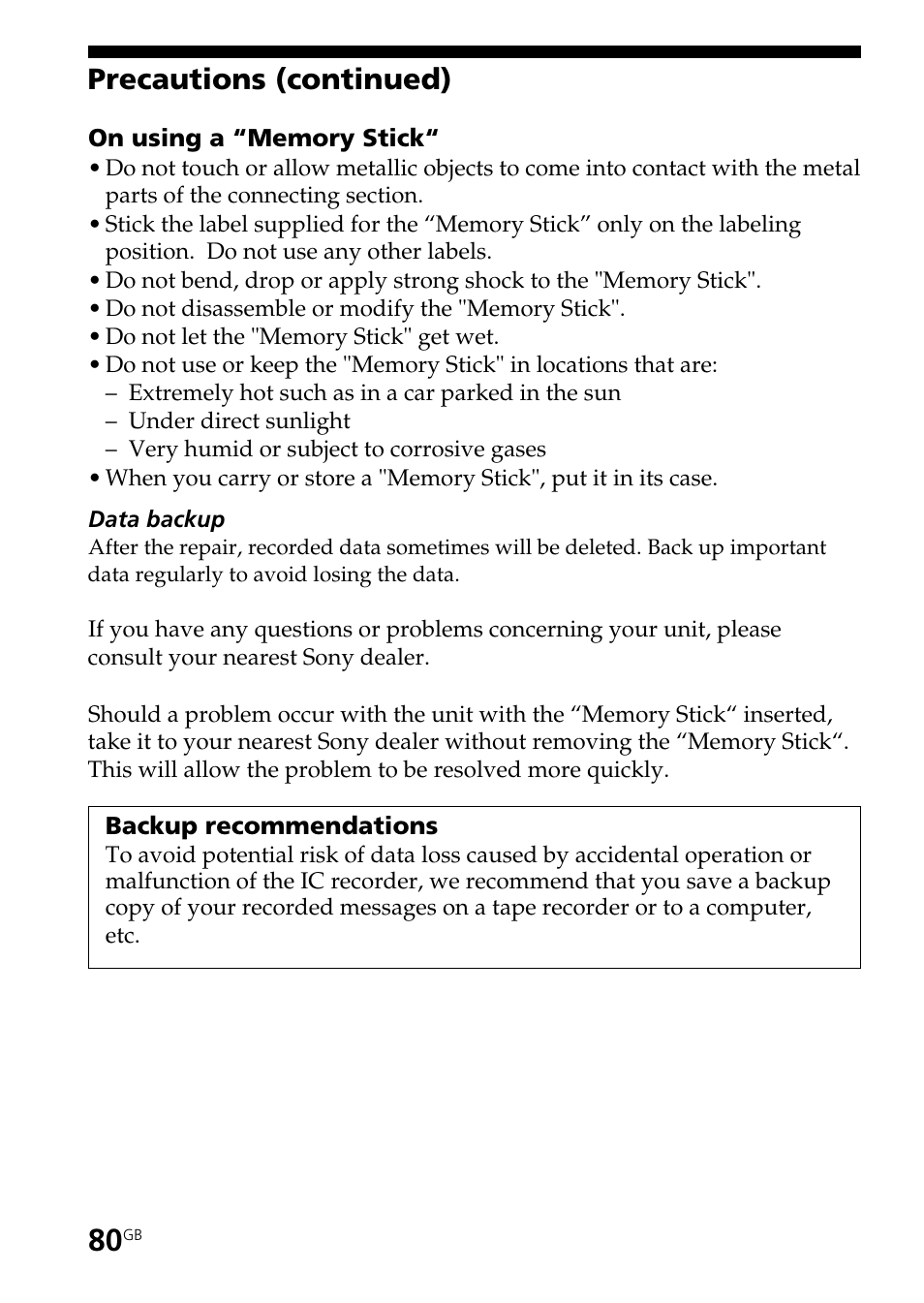 Precautions (continued) | Sony ICD-BP User Manual | Page 80 / 96
