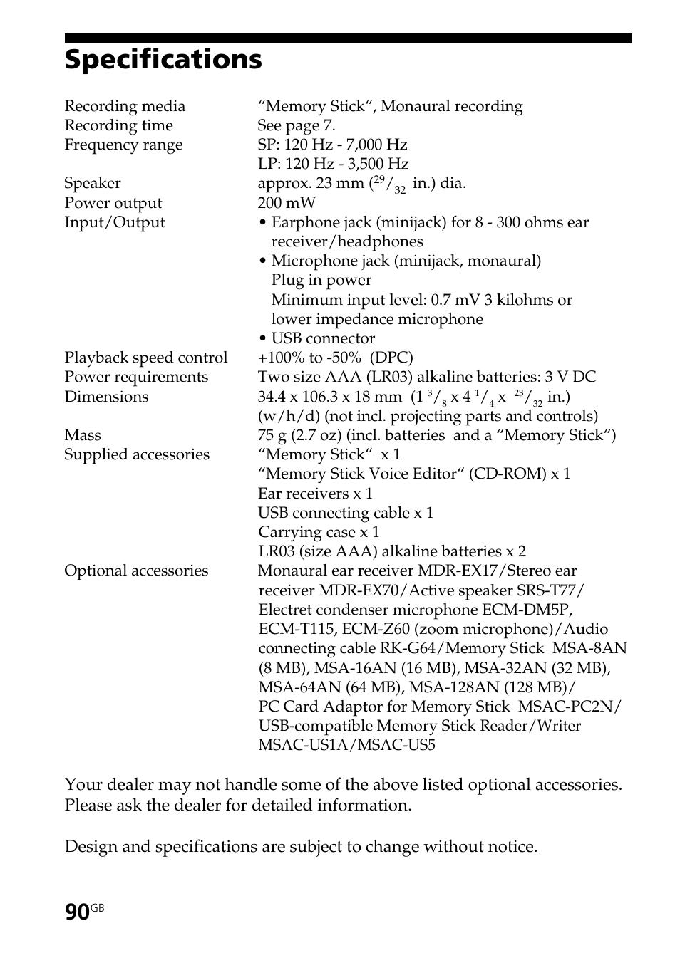 Specifications | Sony ICD-BP User Manual | Page 90 / 96