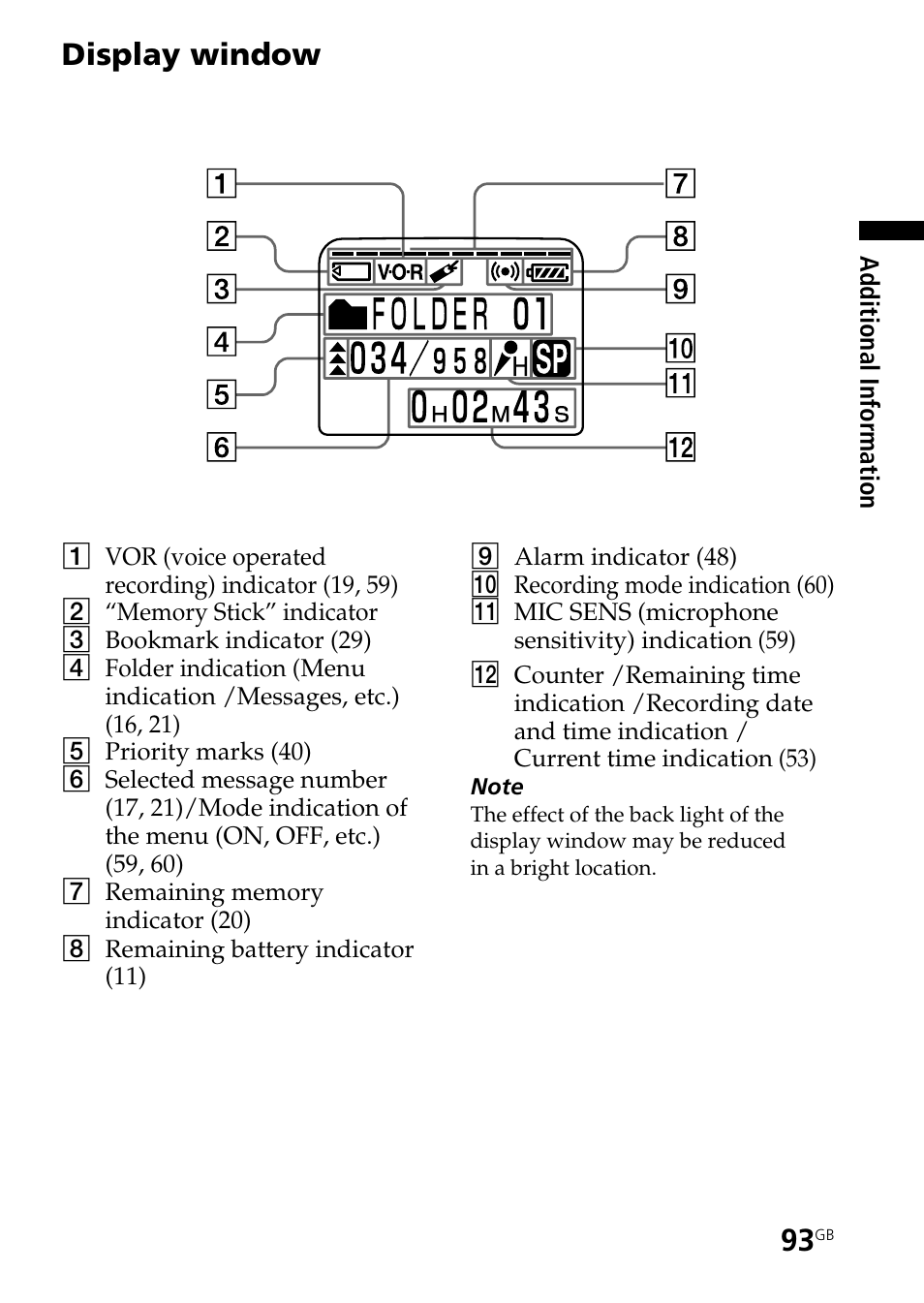 Display window | Sony ICD-BP User Manual | Page 93 / 96