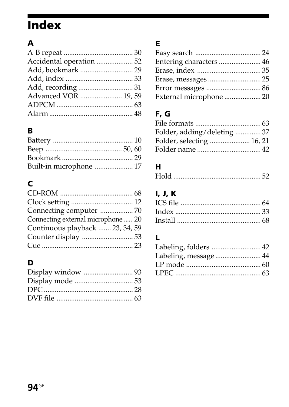 Index | Sony ICD-BP User Manual | Page 94 / 96