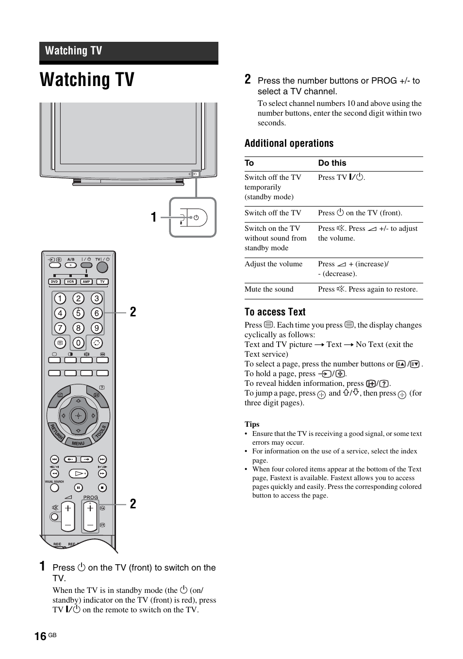 Watching tv | Sony BRAVIA KS-60R200A User Manual | Page 16 / 48
