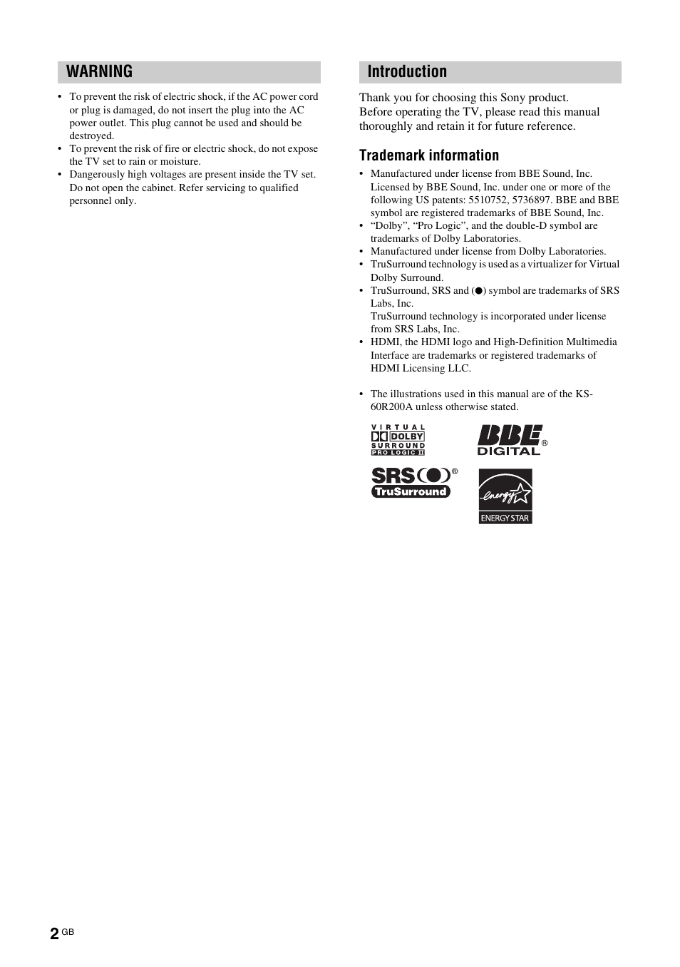 Warning introduction, Trademark information | Sony BRAVIA KS-60R200A User Manual | Page 2 / 48