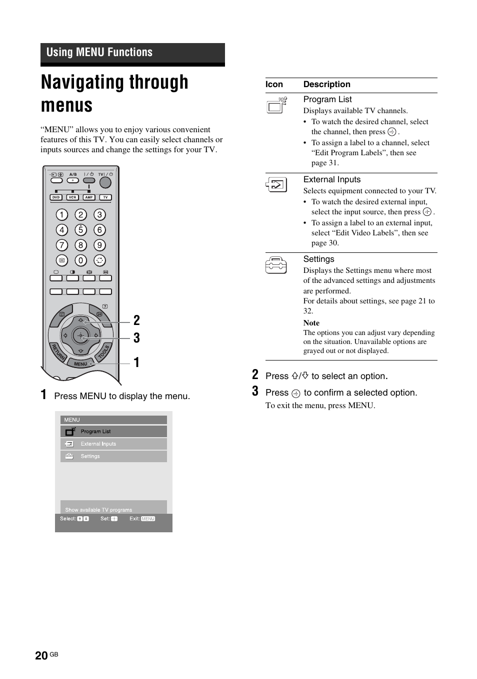 Using menu functions, Navigating through menus | Sony BRAVIA KS-60R200A User Manual | Page 20 / 48