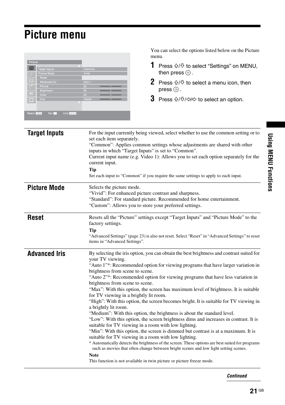 Picture menu | Sony BRAVIA KS-60R200A User Manual | Page 21 / 48