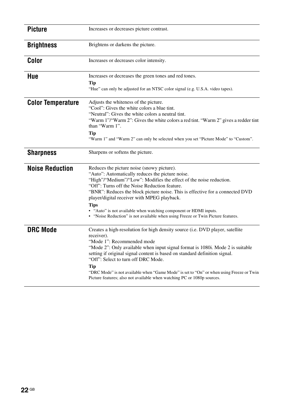 Picture, Brightness, Color | Color temperature, Sharpness, Noise reduction, Drc mode | Sony BRAVIA KS-60R200A User Manual | Page 22 / 48