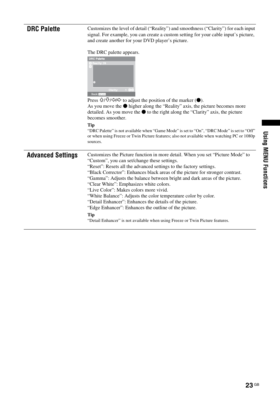 Drc palette, Advanced settings | Sony BRAVIA KS-60R200A User Manual | Page 23 / 48