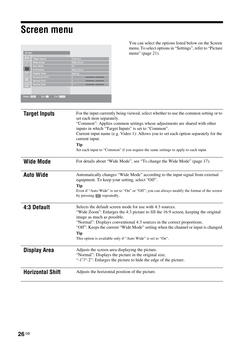 Screen menu | Sony BRAVIA KS-60R200A User Manual | Page 26 / 48