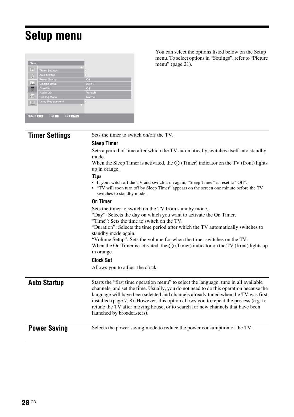 Setup menu | Sony BRAVIA KS-60R200A User Manual | Page 28 / 48