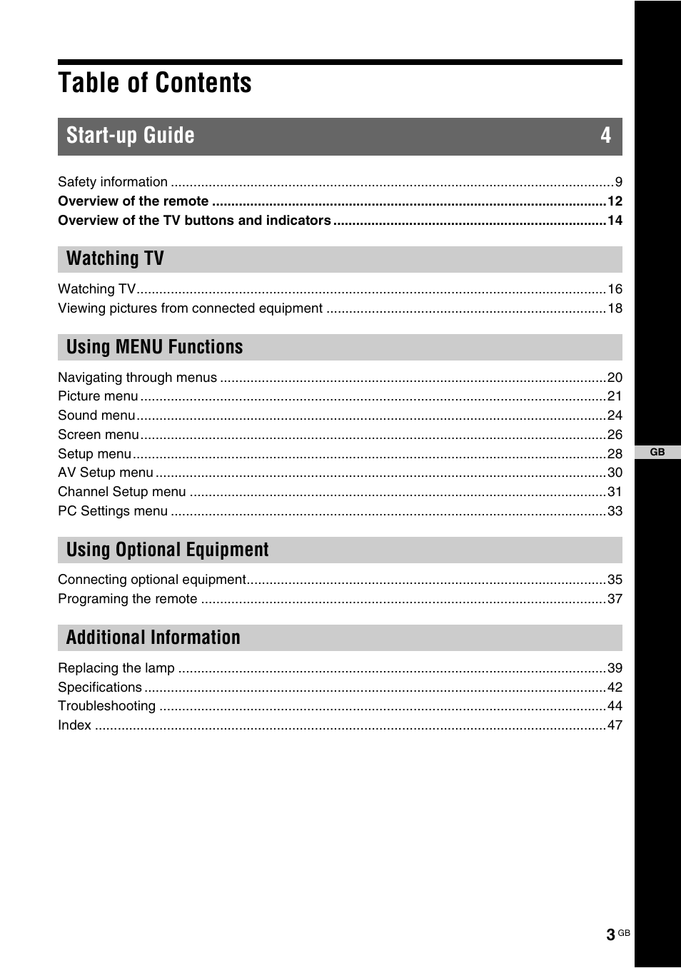 Sony BRAVIA KS-60R200A User Manual | Page 3 / 48