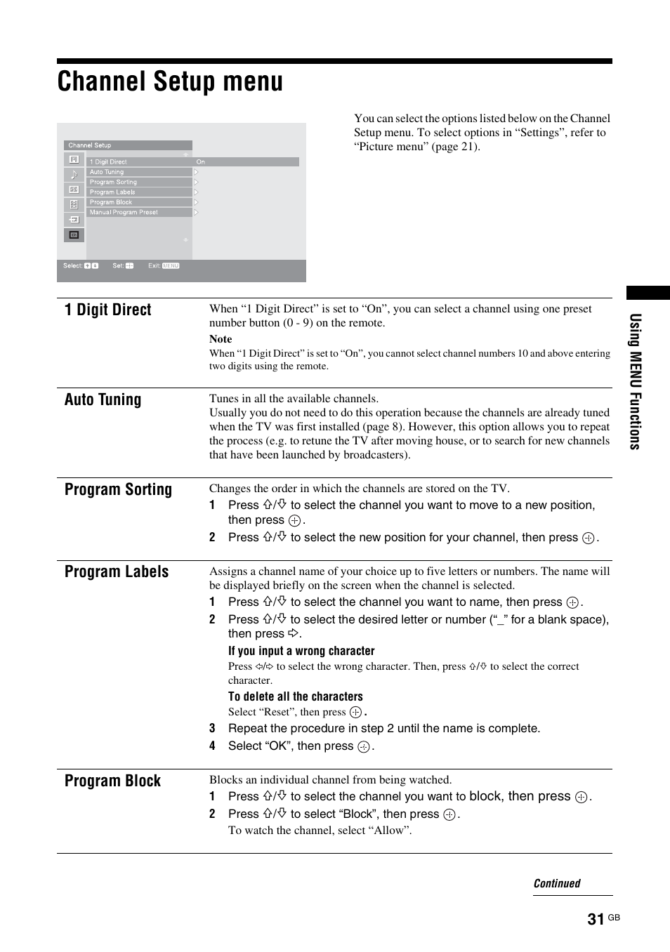 Channel setup menu, 1 digit direct, Auto tuning | Program sorting, Program labels, Program block | Sony BRAVIA KS-60R200A User Manual | Page 31 / 48