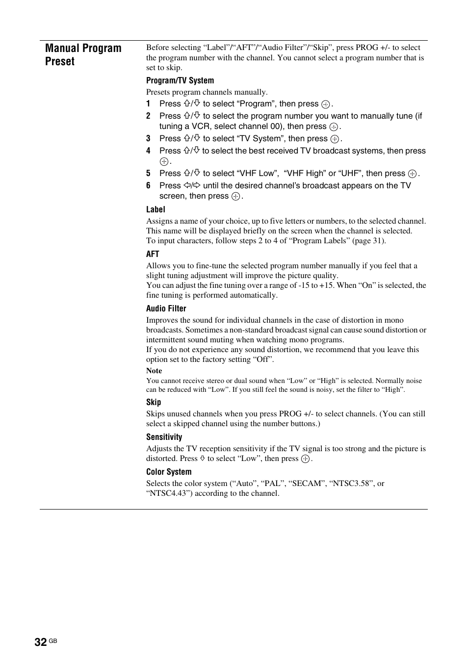 Manual program preset | Sony BRAVIA KS-60R200A User Manual | Page 32 / 48