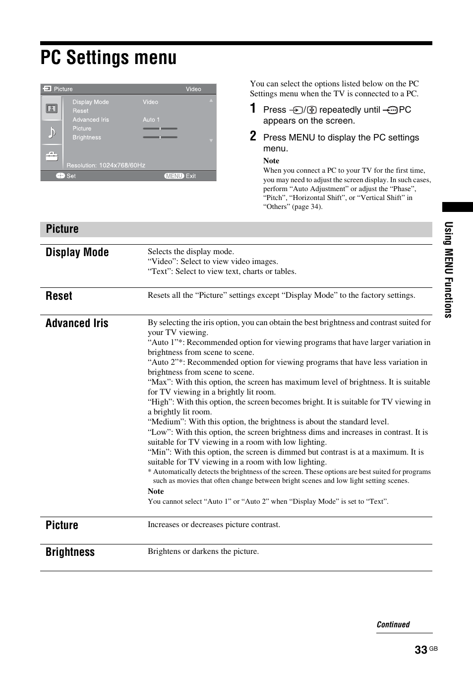 Pc settings menu | Sony BRAVIA KS-60R200A User Manual | Page 33 / 48