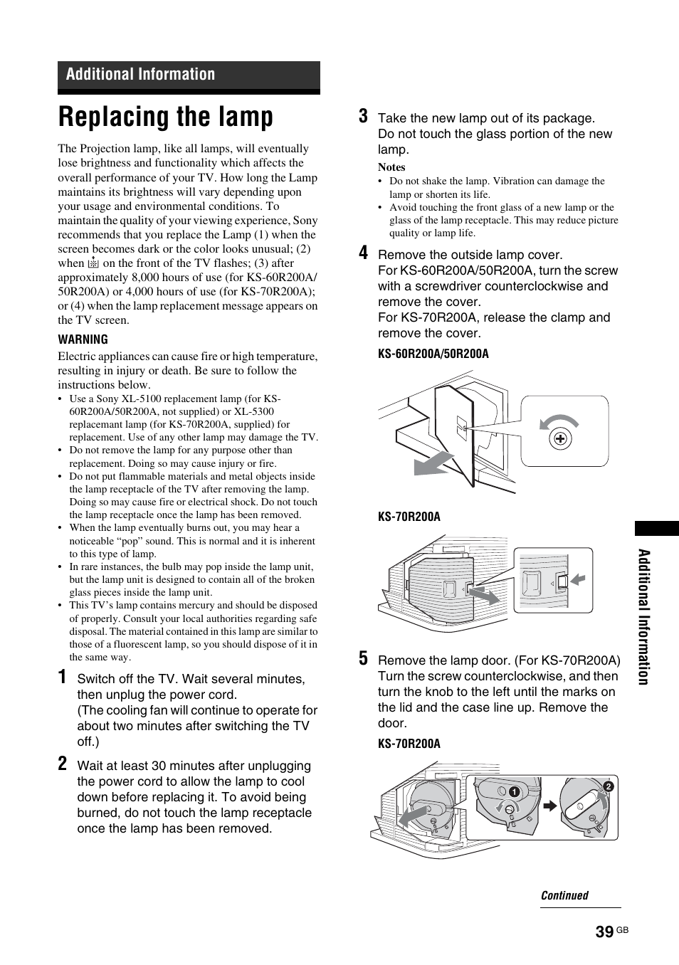 Additional information, Replacing the lamp | Sony BRAVIA KS-60R200A User Manual | Page 39 / 48