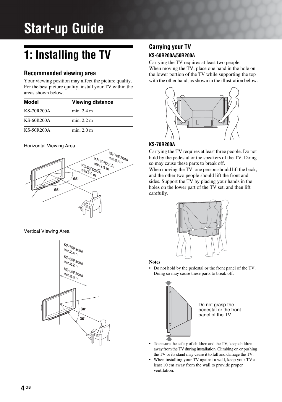 Start-up guide, Installing the tv | Sony BRAVIA KS-60R200A User Manual | Page 4 / 48