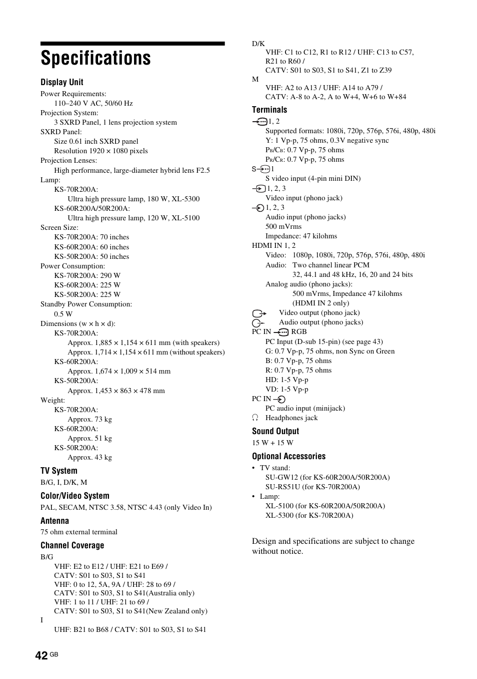 Specifications | Sony BRAVIA KS-60R200A User Manual | Page 42 / 48