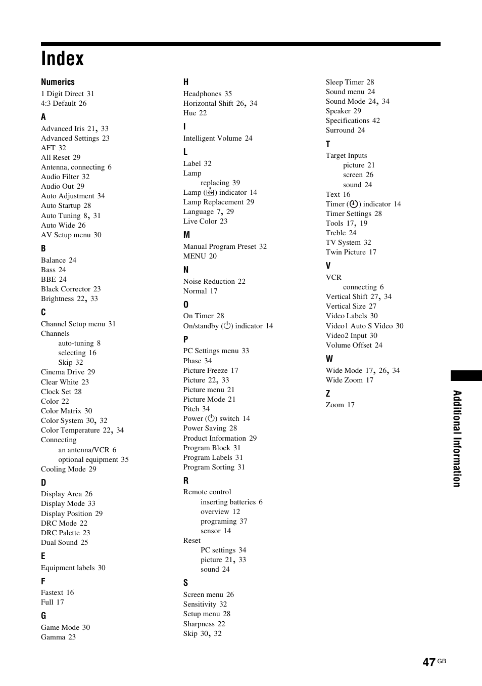 Index | Sony BRAVIA KS-60R200A User Manual | Page 47 / 48