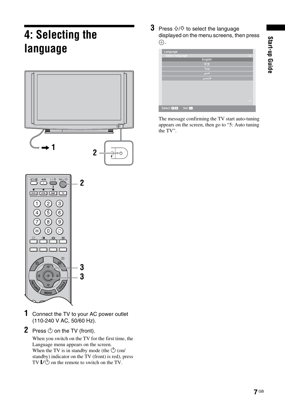 Selecting the language | Sony BRAVIA KS-60R200A User Manual | Page 7 / 48